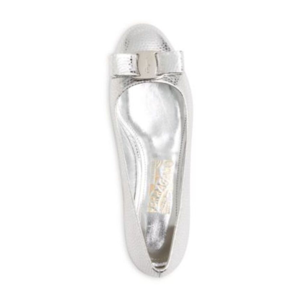 FERRAGAMO Womens Silver Lizard Varina Round Toe Slip On Leather Ballet Flats 10 - Picture 3 of 4